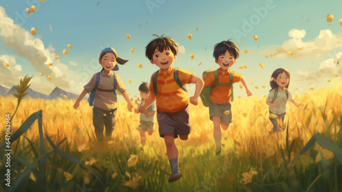 vector illustrations A group of rural Asian child Playing in the field.