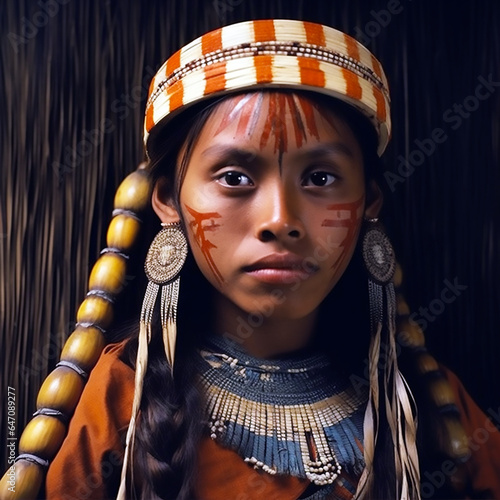 retrato de mujer Yanomami mirando al frente con pañuelo en la cabeza y cara pintada, grandes pendientes y un collar típico de su tribu