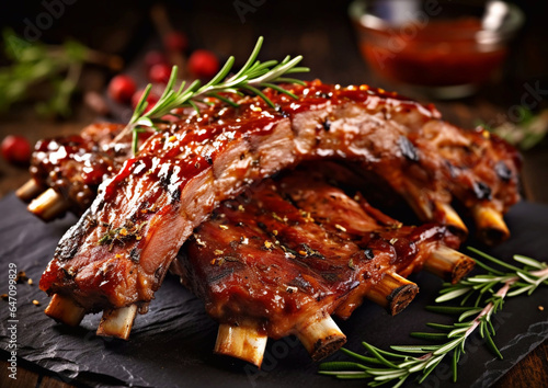 Marinated pork spareribs with barbeque sauce and rosemary.Macro.AI Generative