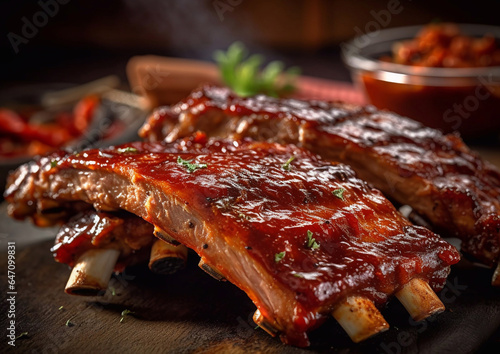 Marinated pork spareribs with barbeque sauces and spices.Macro.AI Generative