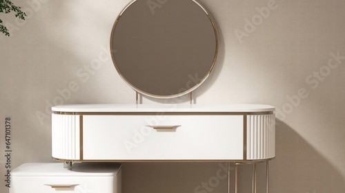 White retro, mid century style dressing table with round vanity mirror, drawer in sunlight on beige fabric texture wallpaper wall bedroom for luxury beauty, cosmetic, furniture product background 3D