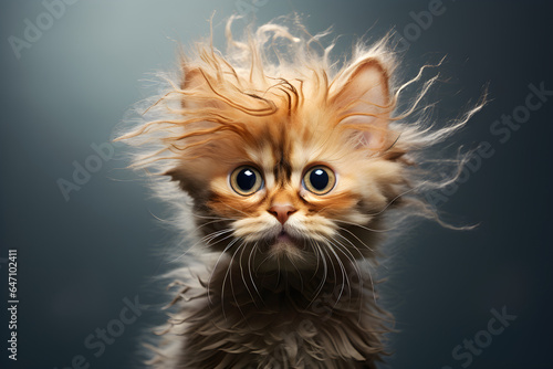 funny studio portrait of a scruffy fluffy kitten