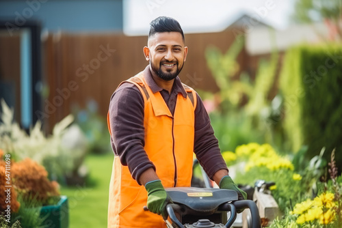 Young indian male landscaper doing his job. Young man gardener working in greenhouse.