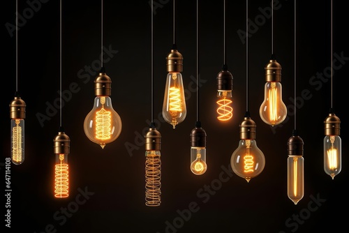 Decorative antique Edison style light bulbs, different shapes of retro lamps on dark background. Cafe or restaurant decoration details. Generative AI