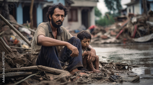  A father and son sitting on the ruins of their house after flood caused by heavy rains in North Africa.