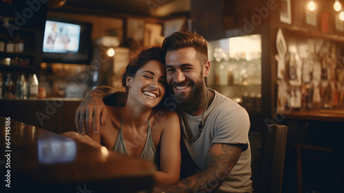  Young couple sitting in a bar celebrating their wedding anniversary. Beautiful young couple in love is hugging and smiling while sitting in a cafe.