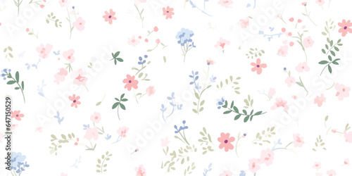 Vintage seamless floral pattern. Liberty style background of small pastel colorful flowers. Small flowers scattered over a white background. Vector for printing on surfaces. Abstract flowers.