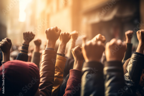 Labour movement, workers union strike concept with male fists raised in the air fighting for their rights