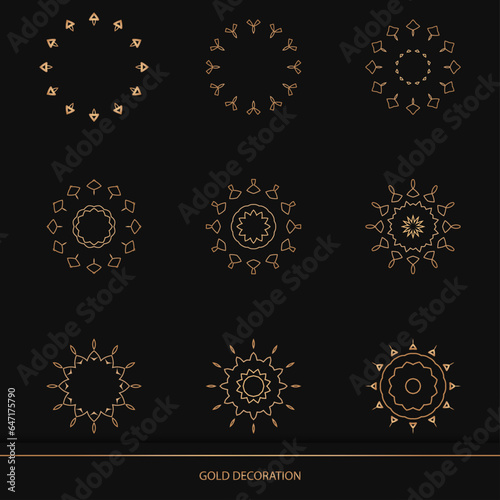 Set of 9 Luxury ornamental element design and frame gold color on black background. Design template for wallpaper. Isolated ornament. Vector Illustration. 