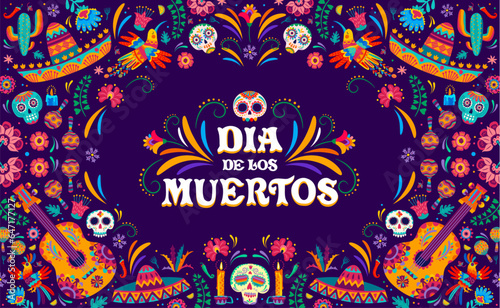 Mexican Dia de Los Muertos holiday banner for Day of Dead, vector calavera skulls and sombrero ornament. Mexican guitar, maracas with candles, flowers and birds ethnic ornament for Dia de Los Muertos