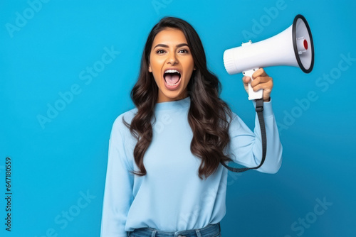 Young woman screaming in megaphone.
