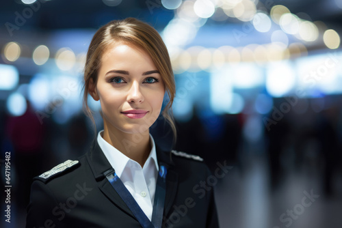 Woman Guard On Defocused Background Exhibition Halls. Сoncept Women In Security Services, Longexposure Photography, Exhibition Halls Architecture, Defocusing Visual Effects