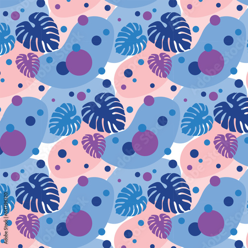 A pattern with a monstera, circles and abstract smooth shapes