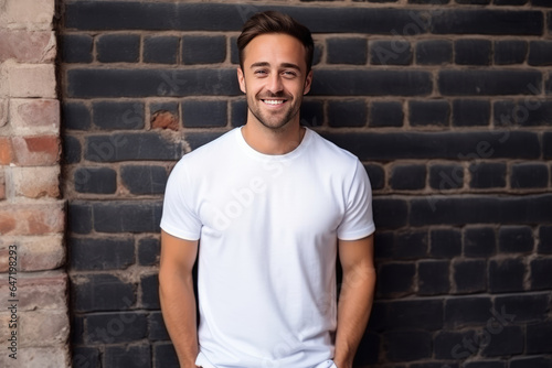 Happiness European Man In White Polo Shirt On Brick Wall Background