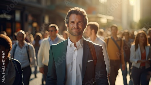 Businessman on a bustling city street, standing out amidst the crowd
