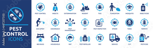 Pest control icon set. Containing insect, extermination, bug, pesticide, insecticide, service, spray, rat and termite. Solid icon collection. Vector illustration.