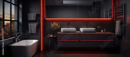 Contemporary dark themed bathroom with red and white lighting