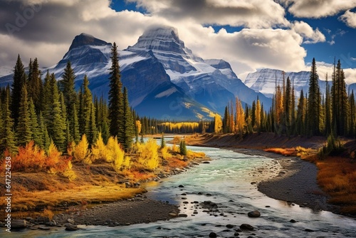 Stunning autumn view of the Canadian Rockies and Alberta prairie, with colorful mountains and foliage. Generative AI