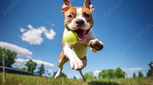 Active young red and white American Staffordshire Terrier dog with cropped ears posing outdoors jumping up on a green grass catching a tennis ball in summer