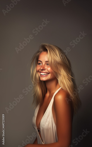 Extremely happy stunning blonde woman in dress with deep v neck