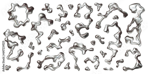Chrome 3D liquid metal elements set in Y2K style. Wavy metal shapes and silver droplets. Abstract form and element design. Ideal for futuristic chrome visuals and 3D design projects