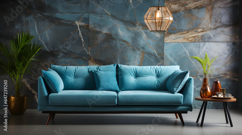 Blue velvet sofa near marble stone wall. Minimalist home interior design of modern living room