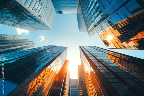 View from ground level up of corporate skyscrapers and sunshine above, sleek and modern downtown architecture