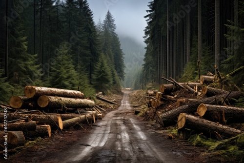 A dirt road surrounded by logs and trees