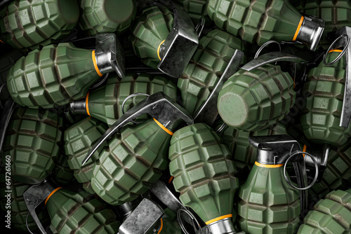 A bunch of metal hand grenades laying in box. A dangerous weapon of war, symbolizing violence. 3D illustration for military and combat equipment. Throw bombs