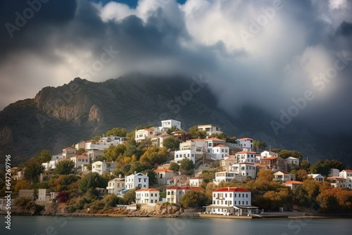 Scenic village Tepeköy, Gökçeada island, Aegean Sea, stunning mountain view, cloud clusters. Generative AI