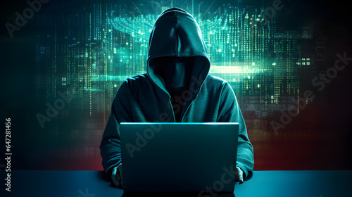 Hacker with computer laptop. Concept of cybercrime, cyberattack, dark web.