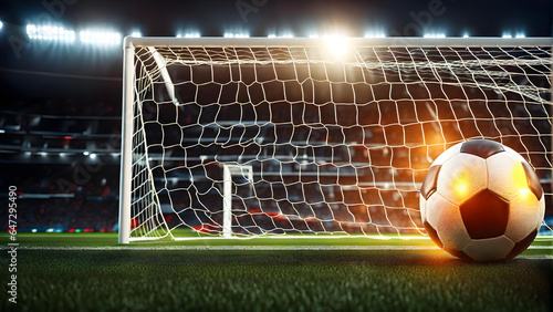 A soccer ball is covered in light on the background of a soccer field.