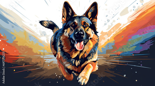 Adorable german shepherd dog running illustration vector in abstract mixed grunge colors digital painting in minimal colorful graphic art style. Digital illustration generative AI.