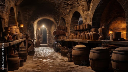 An ancient cellar with barrels of wine. Generation AI