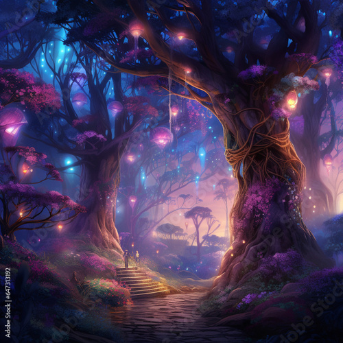 A surrealistic scene in an enchanted forest.