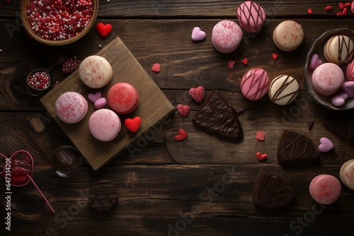 Assortment of delicious Valentine's Day treats on a rustic wooden surface. Generative AI