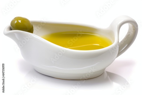 Olive oil in gravy boat, isolated on white background. Generative AI