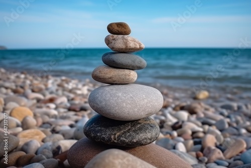 Pile of pebbles in the balance on the beach. Generative AI