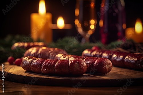 Sausages served for Christmas. Ai generative