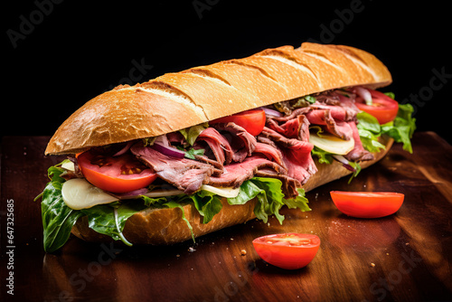 A delicious roast beef sandwich with swiss cheese, lettuce and tomato on a bread baguette on wooden table
