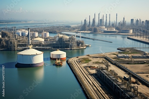 overhead perspective of houston ship channel featuring oil and gas facilities. Generative AI