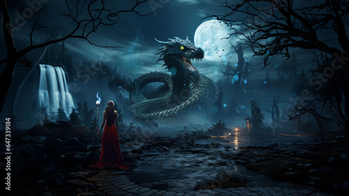  A woman in a red dress holding a Precious Wand and looking at water serpent, giant, dragon like snake