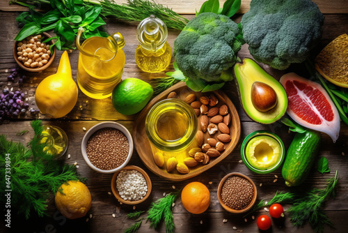 Border liver detox diet food concept, fruits, vegetables, nuts, olive oil, garlic.generative ai