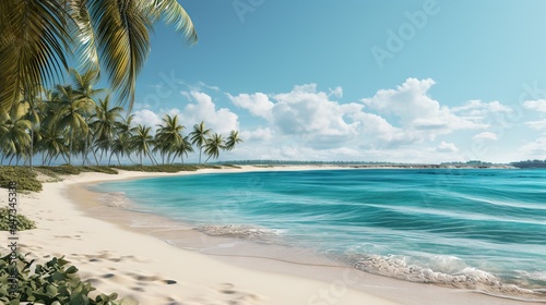  a painting of a beach with palm trees and blue water. generative ai