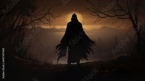 Mysterious figure in dark cloak standing in forest at sunset