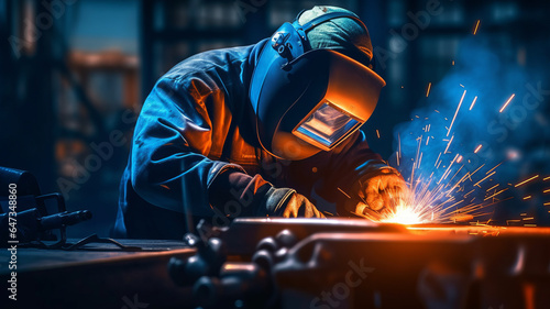 Worker or Welder wear safety gear who perform arc welding in the factory.,generative ai