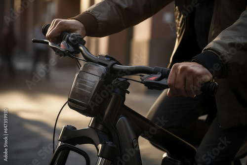 A close-up of a person's hand controlling the handlebars of a modern electric bicycle, part of the e-mobility revolution. Generative Ai.