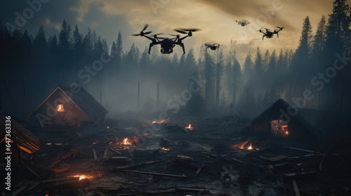 A drone swarm assisting in disaster response by assessing damage and locating survivors
