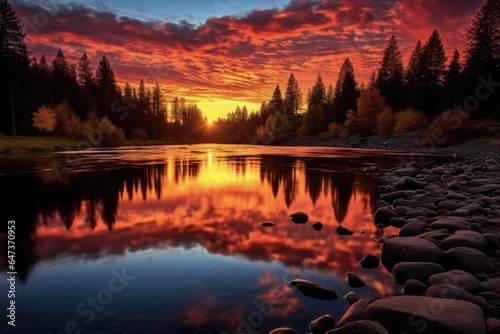 Peaceful Fall Reflections of Spokane River at Nine Mile Reservoir - A Lazy Flowing River of Red, Yellow, and Colorful Beauty at Sunset