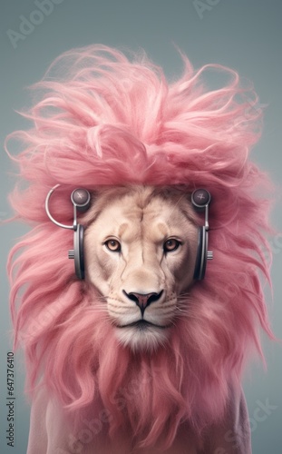 This amusing, anthropomorphic image of a lion wearing a pink wig and headphones invites viewers to explore the unexpected beauty of a wild animal in a strangely humorous setting